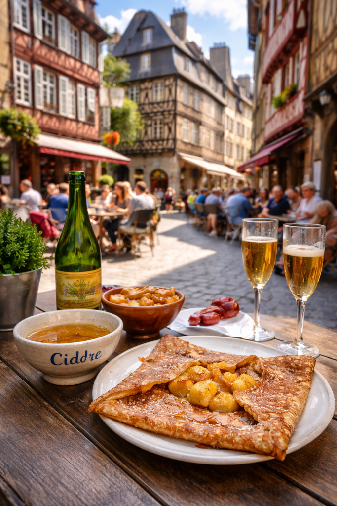 visite guidée gourmande Rennes centre-ville terrasse spécialités locales crêpe cidre